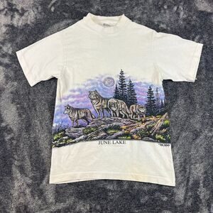 Vtg 90's Anvil Nature June Lake Wolves AOP Youth T-Shirt Single Stitch S
